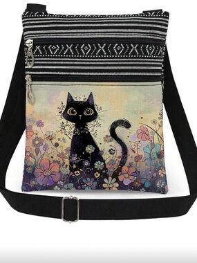 Black Cat Floral Crossbody Bag - Purple Accent